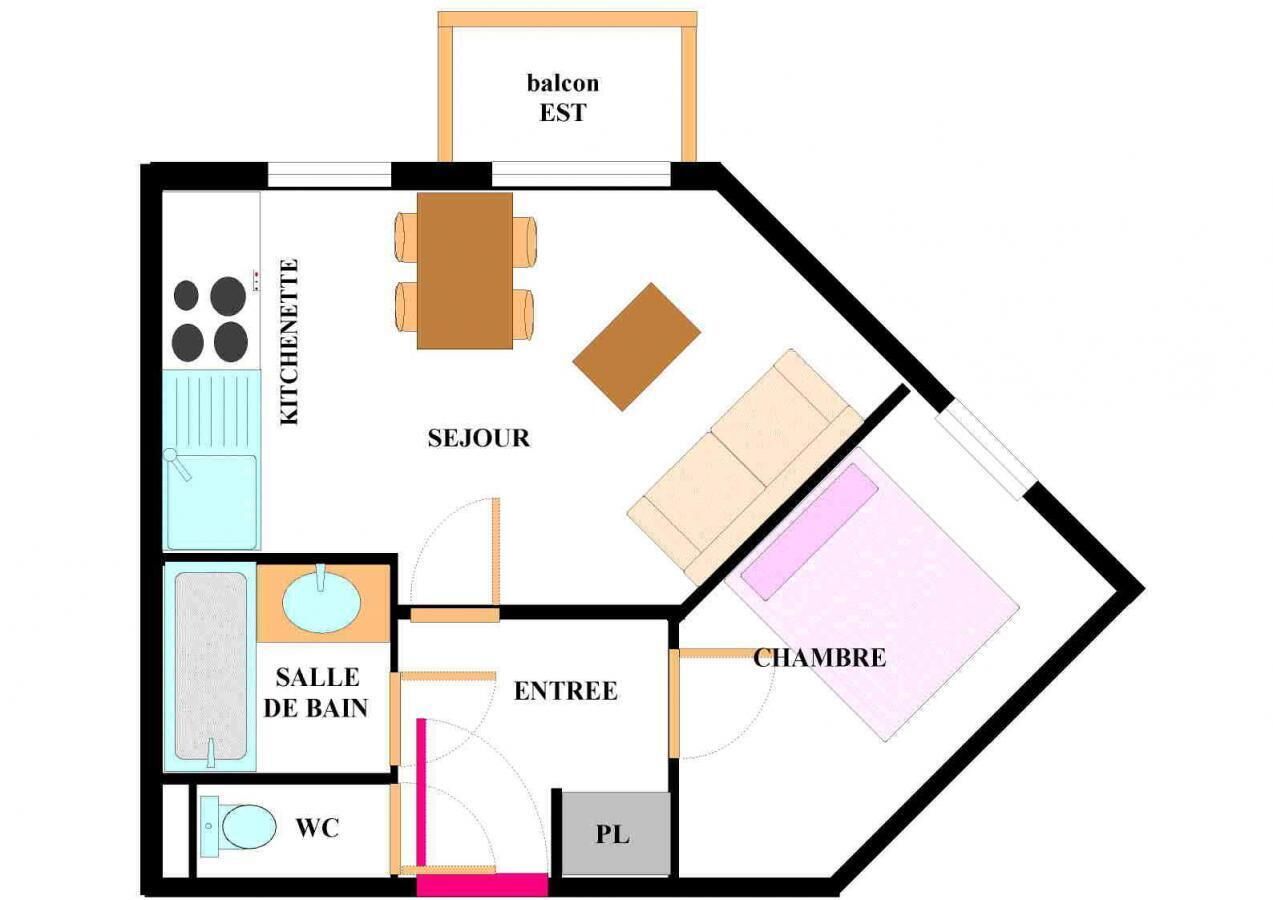 A floor plan with a kitchen, balcony, ensuite bathroom, main bathroom, living room, dining area, and a play area.