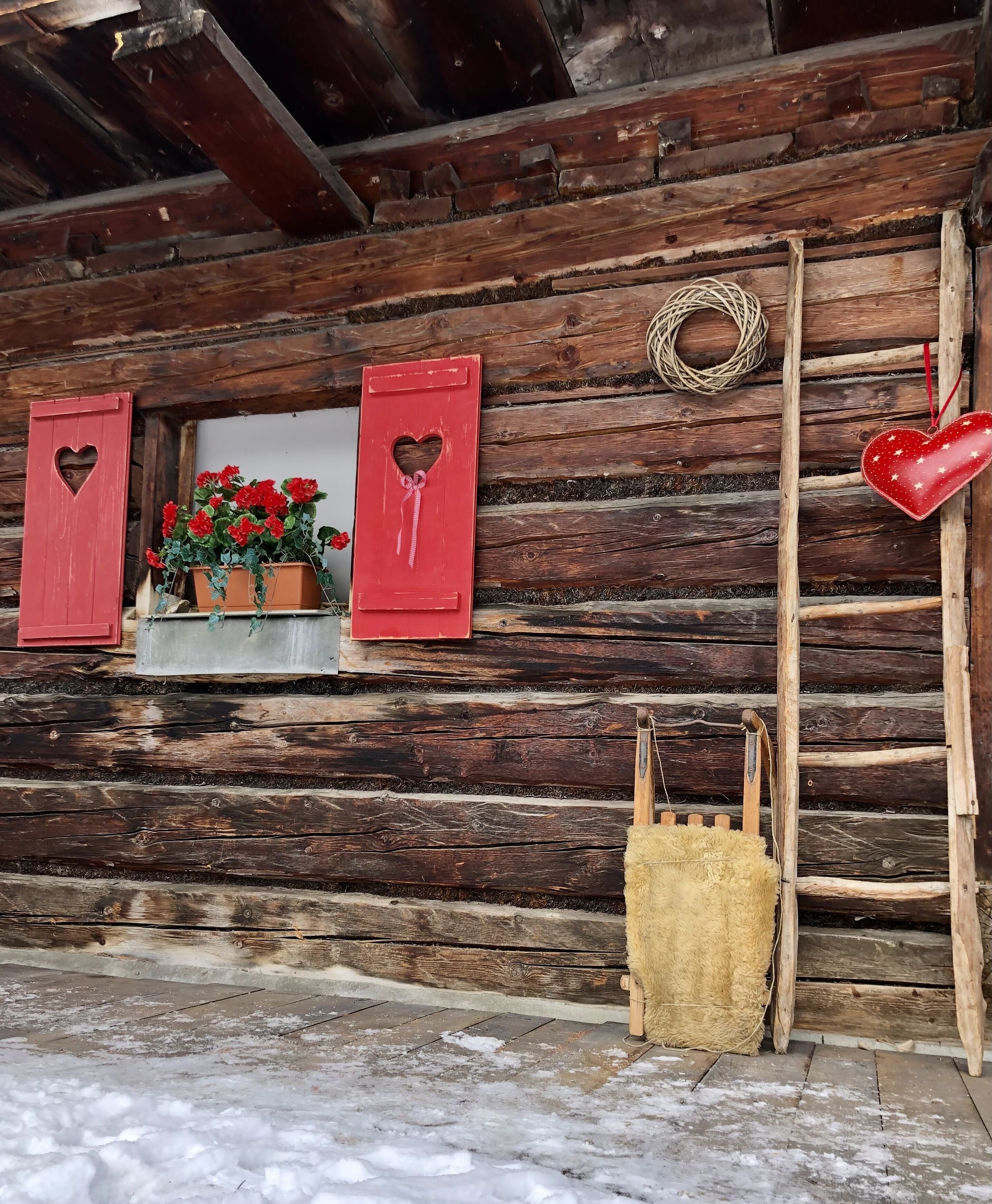Eine rustikale Holzhütte mit Holzwänden, einem Fenster mit roten Fensterläden, einem Blumentopf und einer Leiter.