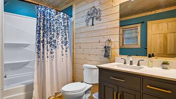 Combined shower/tub, hair dryer, towels, toilet paper