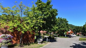 A residential street with houses, a clear blue sky, and a well-maintained garden with flower beds. - La Petite Fecht (Munster)