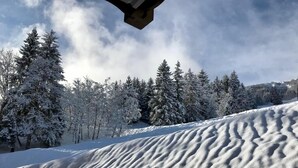 A snow-covered landscape with trees and a snow-covered slope.