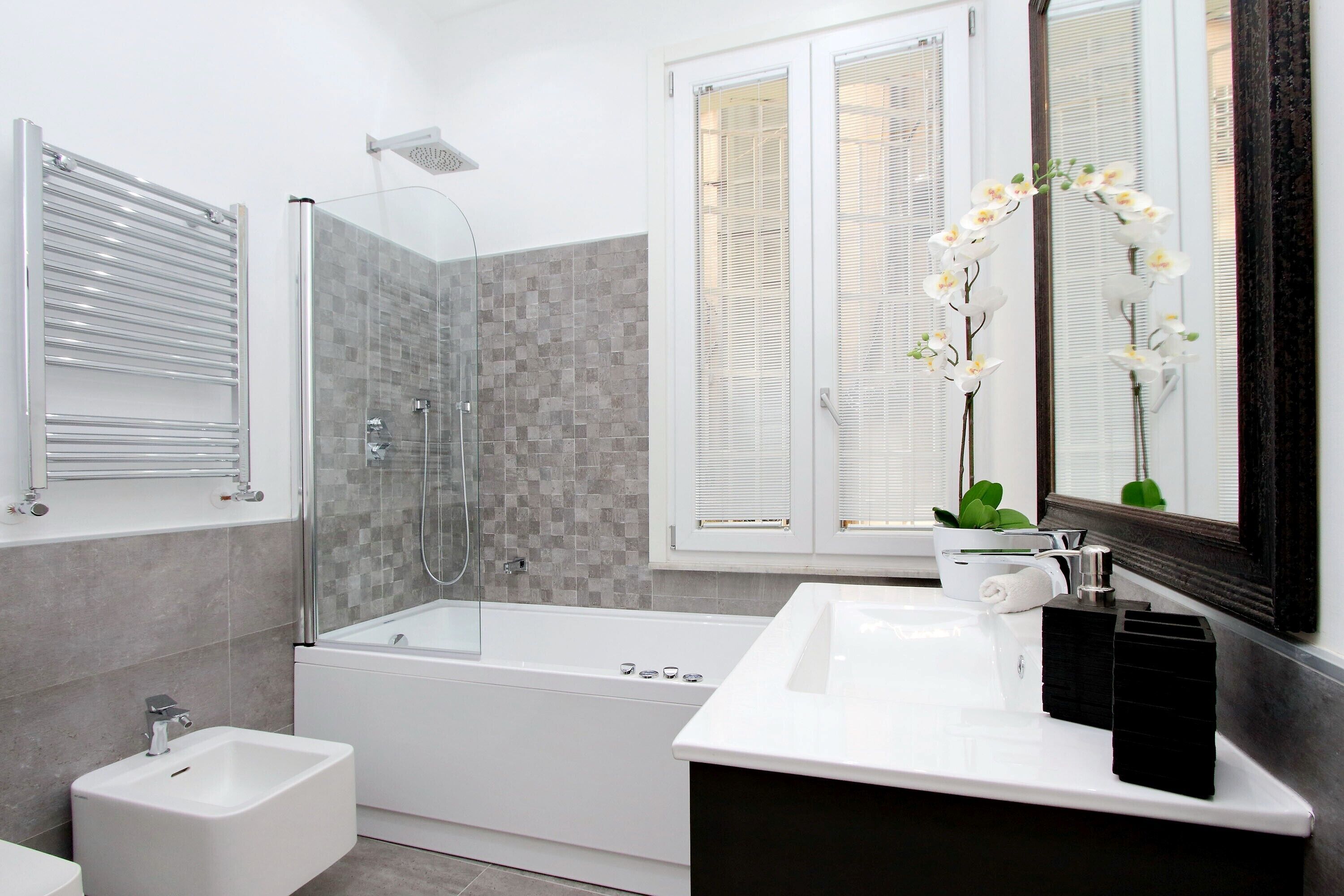 Bathtub, hair dryer, bidet, towels