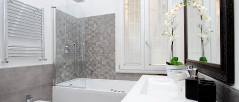 Bathtub, hair dryer, bidet, towels
