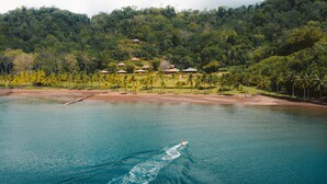 A tropical resort with a large body of water, palm trees, and a hilly backdrop.