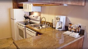 Fridge, microwave, oven, coffee/tea maker