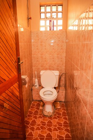 Ensemble douche/baignoire, serviettes fournies, savon, papier toilette