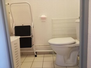 A small, clean bathroom with a white toilet, a white sink, and a white shower chair. - 5th floor, swimming pool, sauna, hammam, parking, ski locker, 20m², Valloire (Valloire)