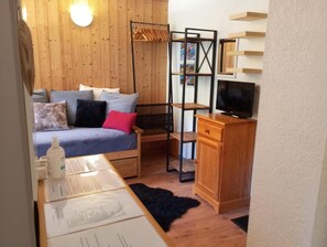 A cozy room with a bed, a wooden wardrobe, a TV, and a shelf with books.