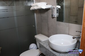 Regadera, toallas, jabón, shampoo
