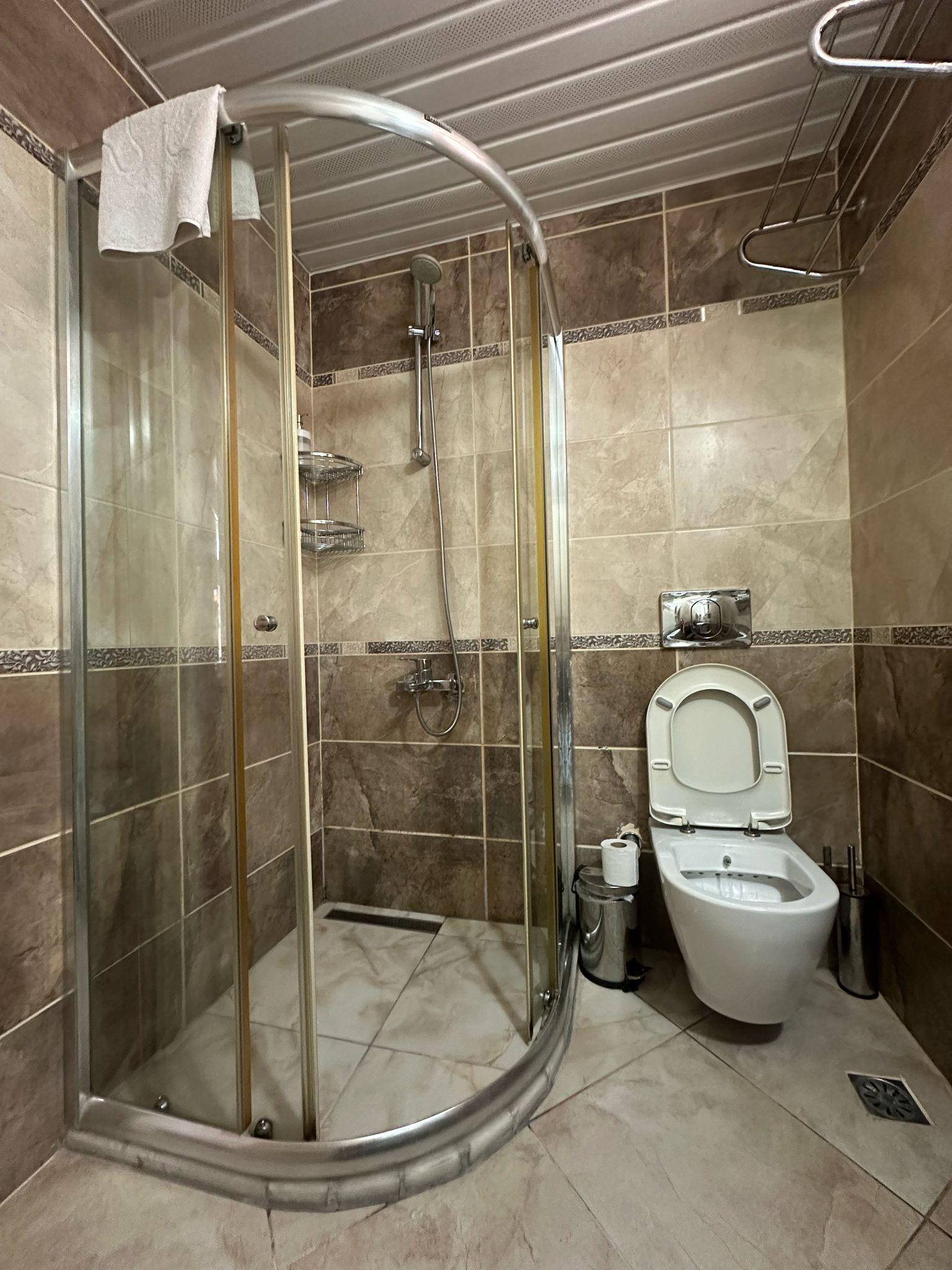 A bathroom with a glass-enclosed shower, a toilet, and a sink.