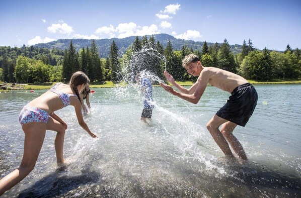Three people playing in a lake with a forest and mountains in the background. - Wifi, swimming pool, terrace, balcony, tv, ski locker, 33m², Samoëns (Samoëns)