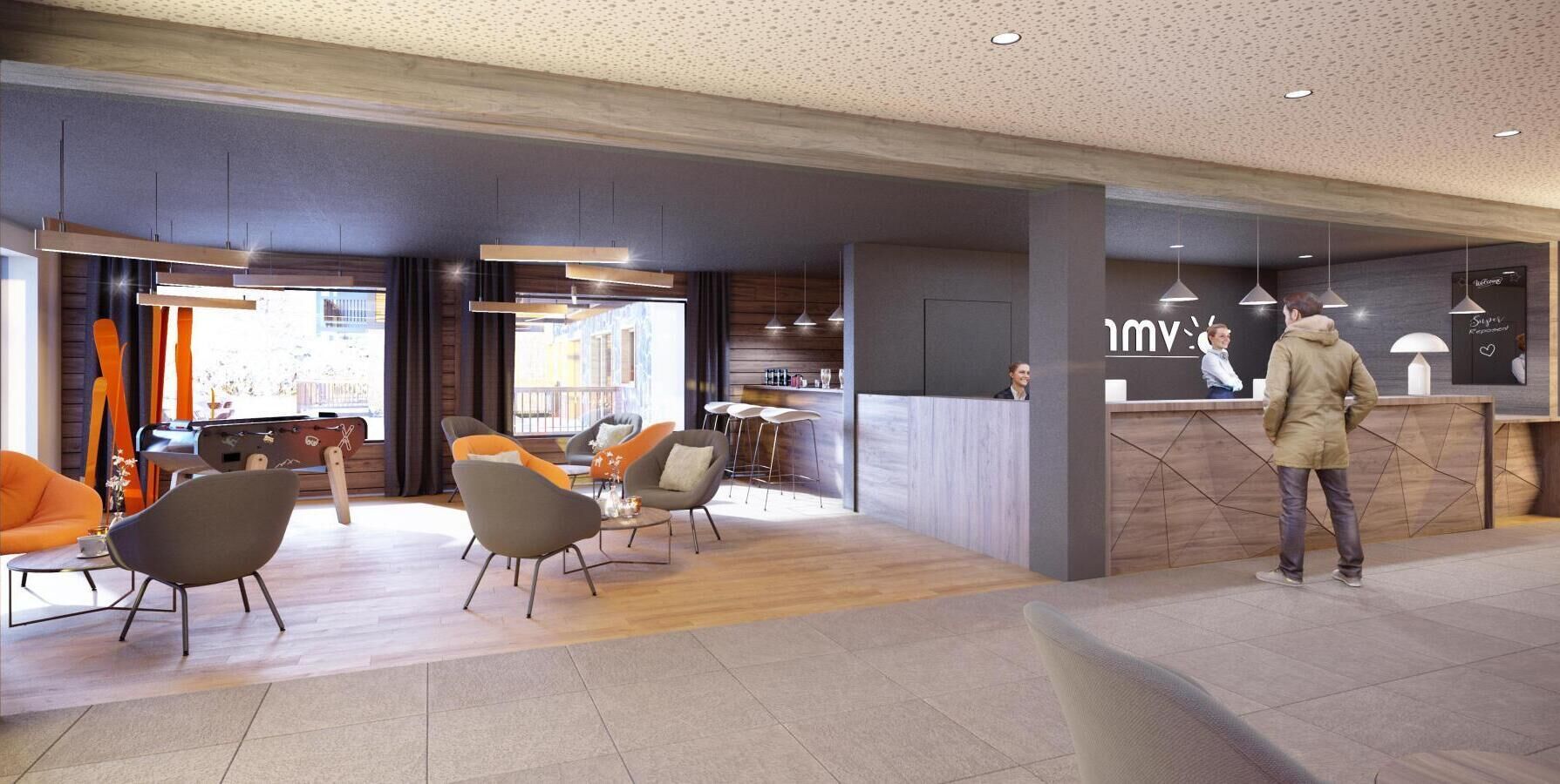A modern hotel lobby with a reception desk, seating area, and a view of the street.