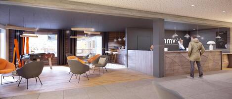 A modern hotel lobby with a reception desk, seating area, and a view of the street.
