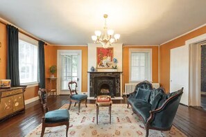 TV, fireplace, books