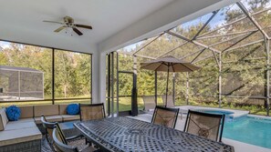 A heated pool, pool loungers