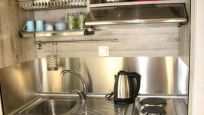 A compact kitchen with a sink, kettle, and stainless steel appliances. - Golden Star Praxitelous (Aegina)
