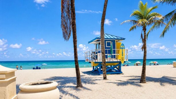 A beach with a lifeguard tower, palm trees, and a clear blue sky. - Southwinds #8 for 2, Steps to Beach & Boardwalk (Hollywood)