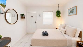 1 bedroom, desk, iron/ironing board, travel cot