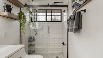 Shower, hair dryer, towels, toilet paper