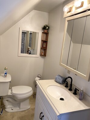 Combined shower/bathtub, hair dryer, towels, toilet paper