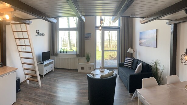 En moderne stue med en sort sofa, et sofabord, et fjernsyn og en stige.