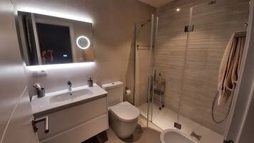 Shower, hair dryer, towels