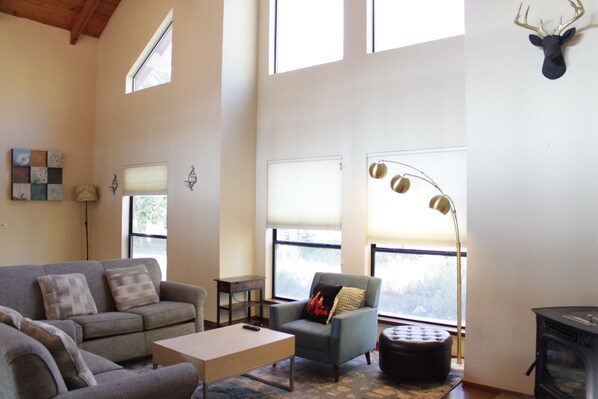 A spacious living room with a sofa, armchair, ottoman, and a fireplace. - Beach/river access, A/C in every room, mountain view, games, family friendly (Oakhurst)