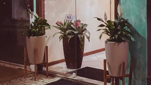 Entrada de un restaurante con un letrero que dice "DelaPaz Pousada". Hay tres macetas con plantas en la entrada, y un piso de baldosas con felpudo.