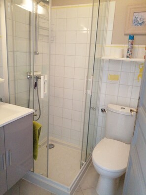 Une salle de bain avec une douche à parois de verre, des toilettes et un lavabo avec une serviette verte.