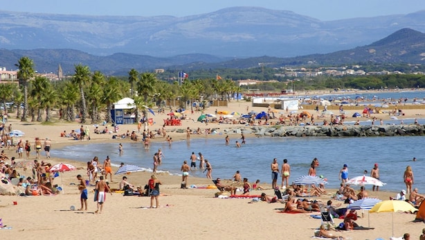 Una playa concurrida, gente tomando el sol y nadando, palmeras y montañas al fondo.