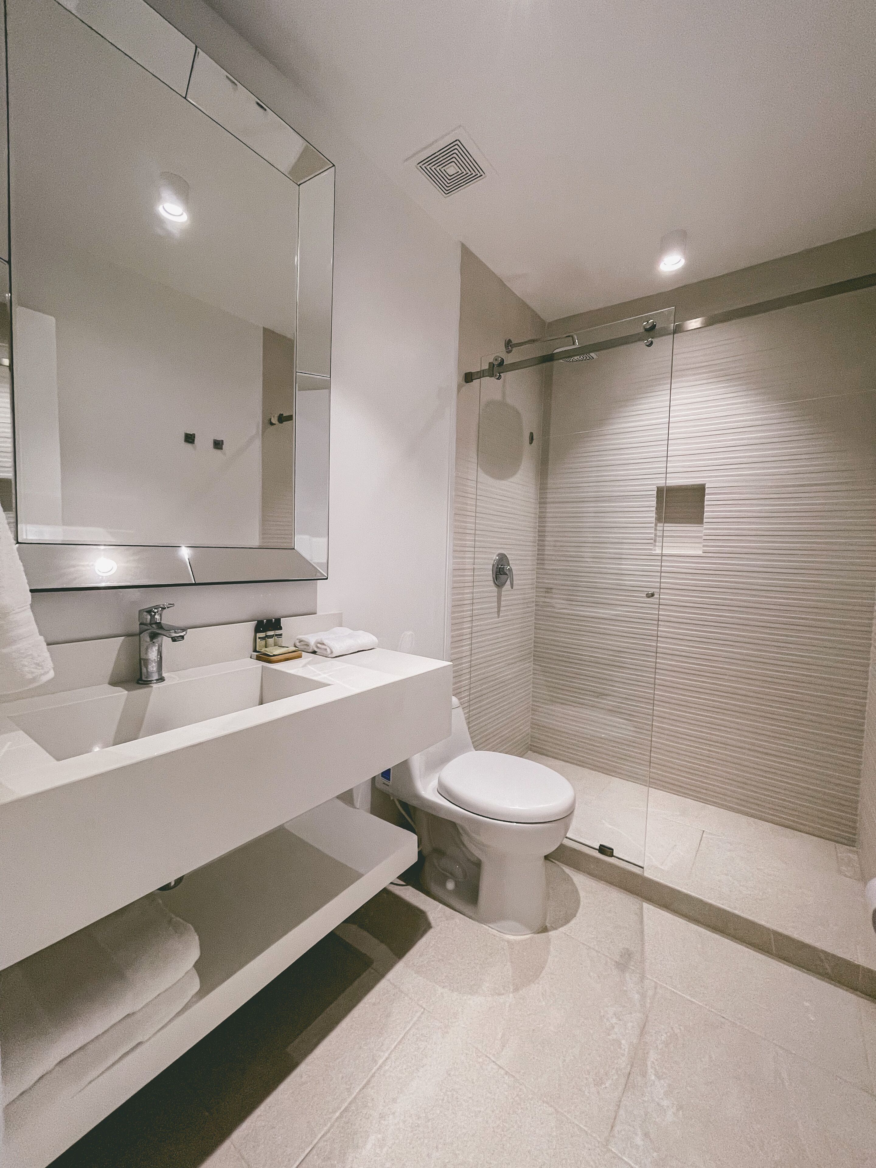 premium room | bathroom | shower, rainfall showerhead, towels