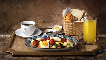 A breakfast tray with toast, eggs, tomatoes, cheese, and a cup of coffee.