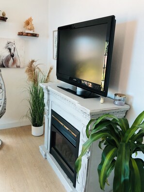 Smart-tv, een open haard, boeken en een printer