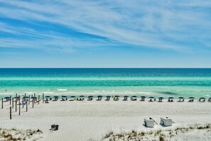 A beach with rows of umbrellas and chairs, a sandy shore, and the ocean in the background.