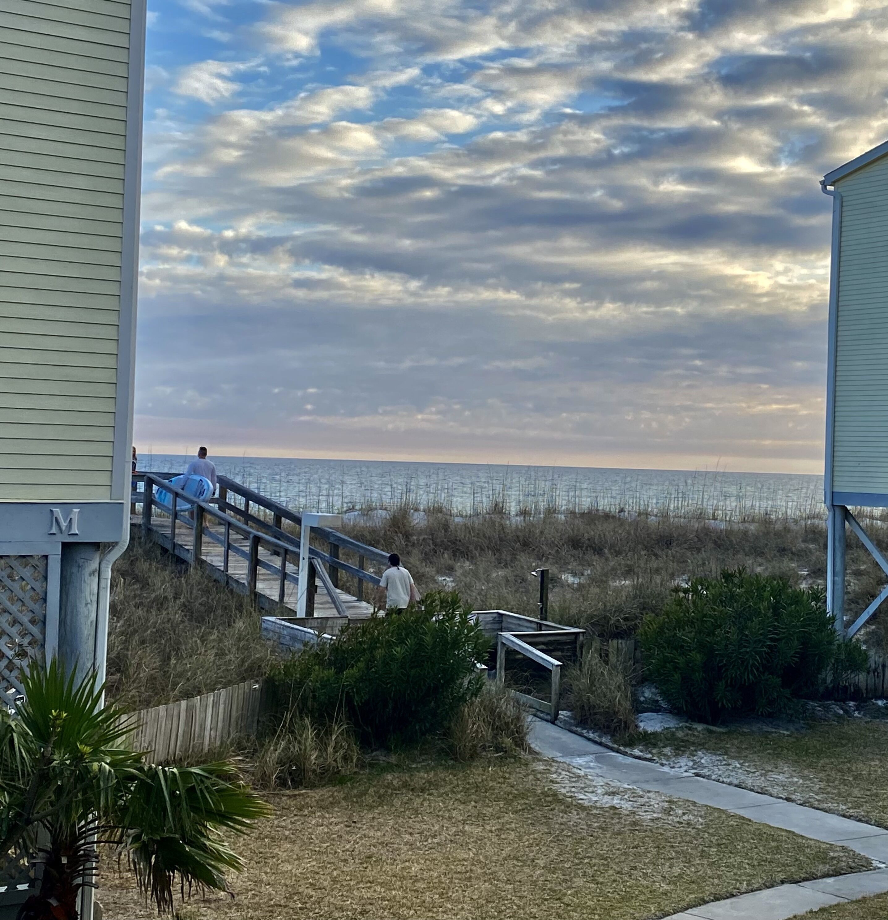 A coastal walkway leading to the beach, surrounded by vegetation and a wooden fence.