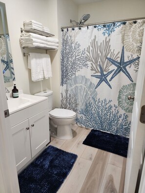 Hair dryer, towels, soap, shampoo