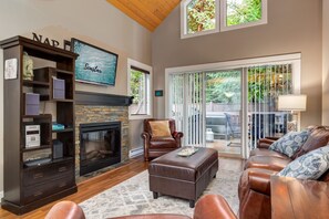 Smart TV, fireplace, books