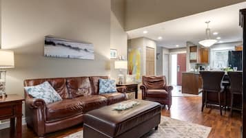 Smart TV, fireplace, books