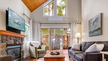 Smart TV, fireplace, books