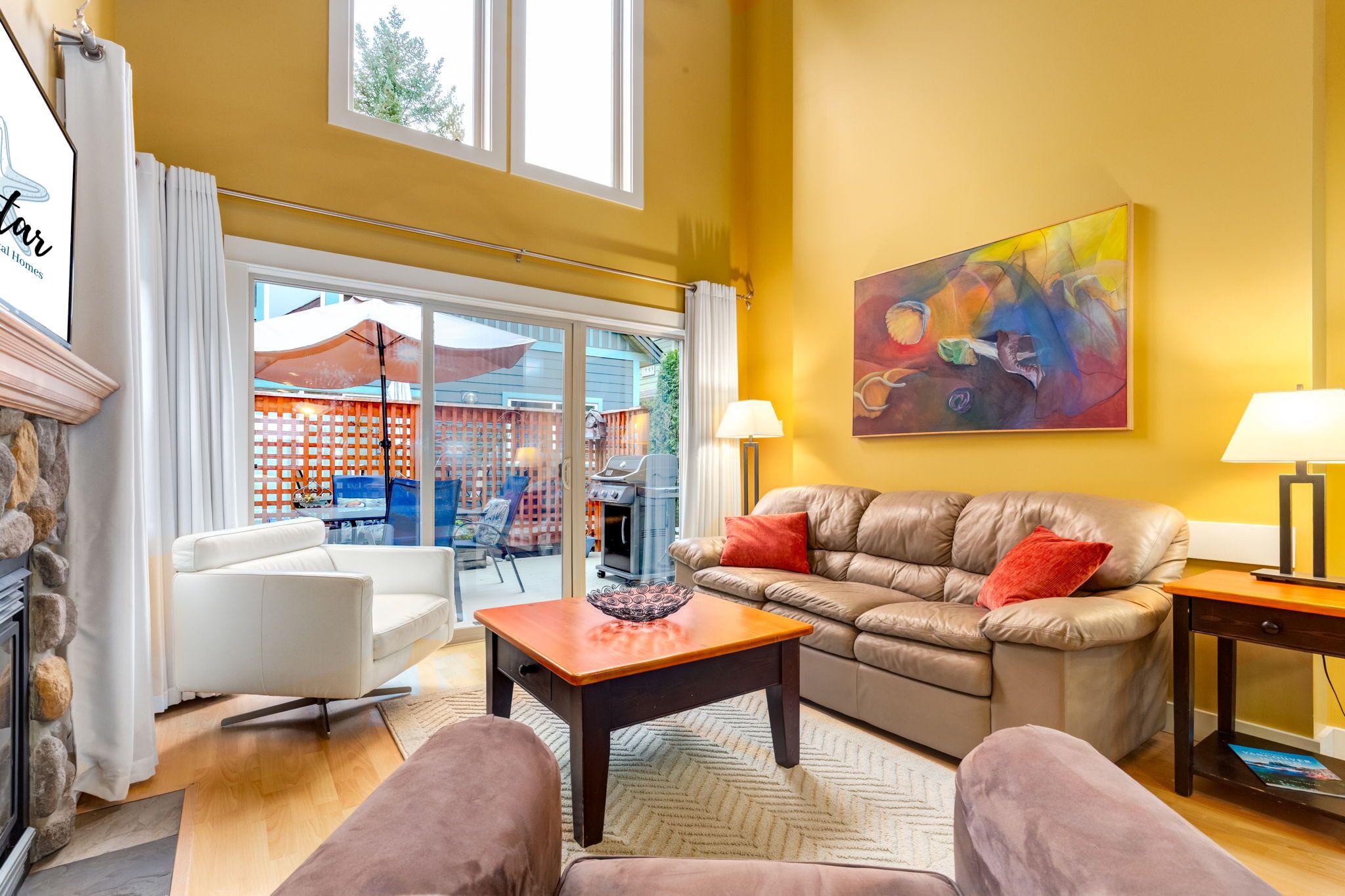 Smart TV, fireplace, DVD player, books