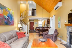 Smart TV, fireplace, DVD player, books