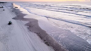 A beach with a long stretch of sand and a few benches.