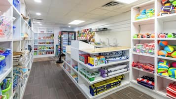 A brightly lit store with shelves stocked with various items including sports equipment, toys, and household goods.