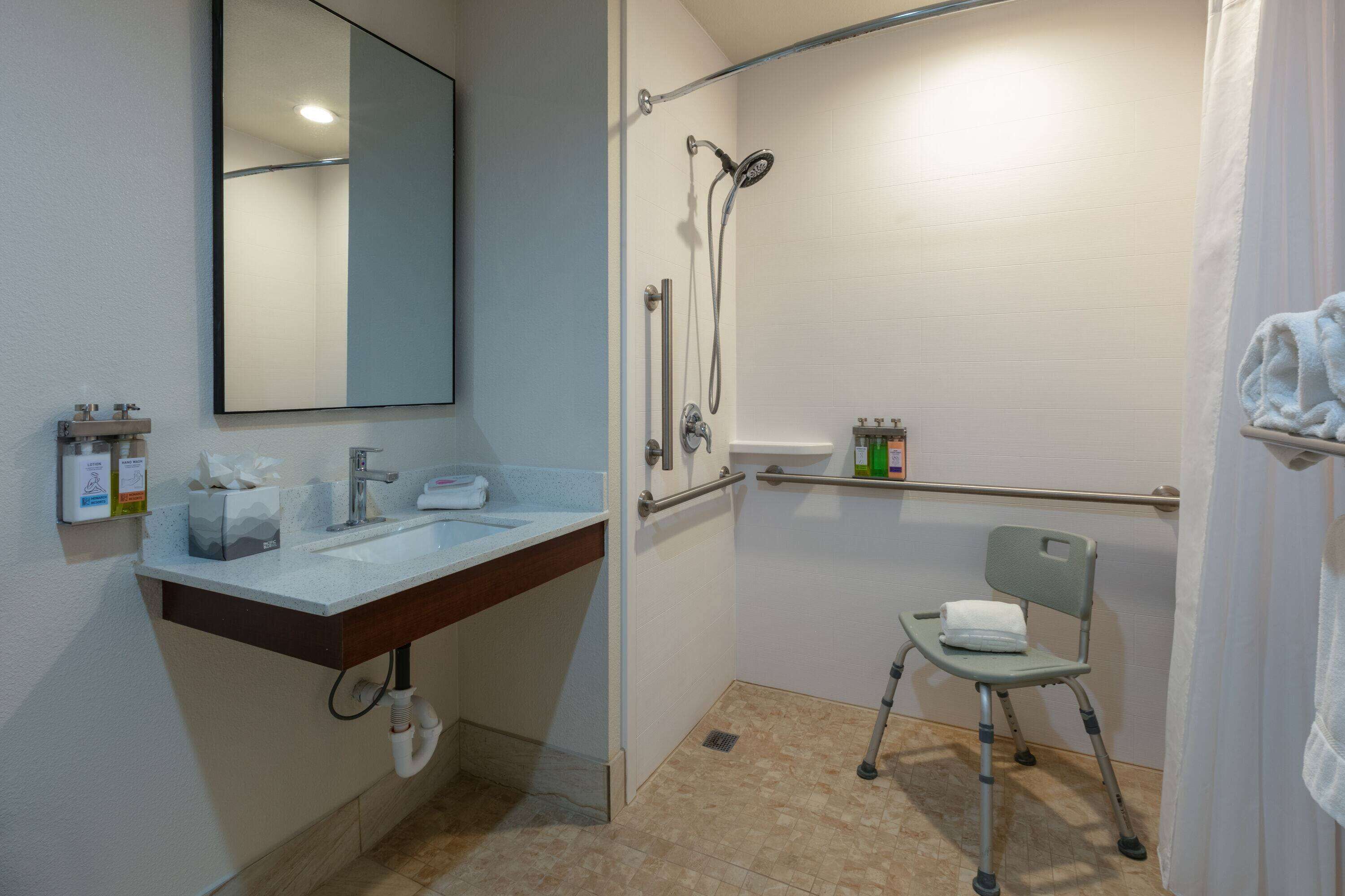 A bathroom with a sink, mirror, shower, and a wheelchair-accessible chair.
