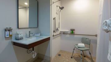 A bathroom with a sink, mirror, shower, and a wheelchair-accessible chair.