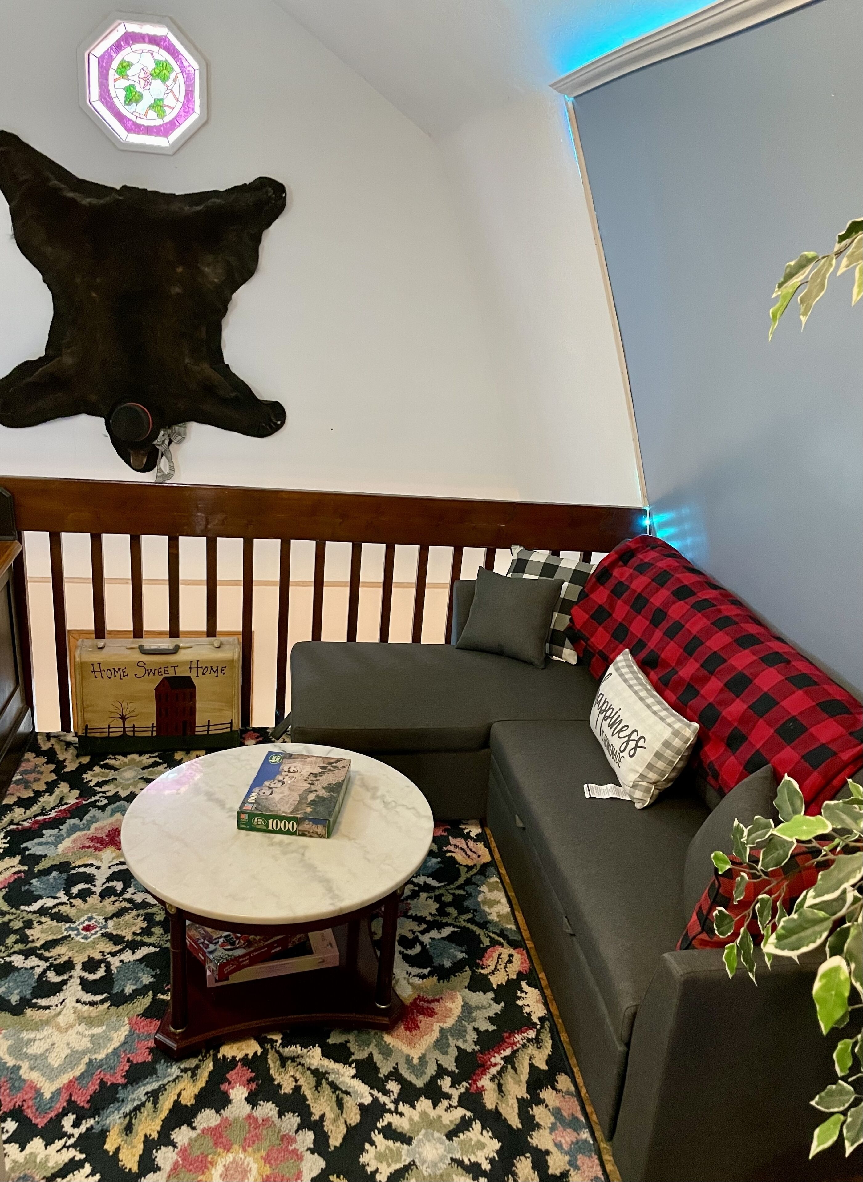 Smart TV, fireplace, books, printers