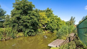 Un río tranquilo con un muelle de madera, rodeado de abundante vegetación y árboles.