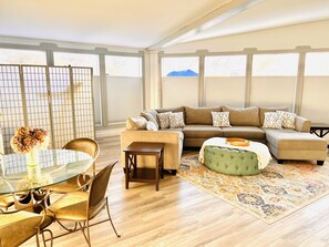 Smart TV, fireplace, books