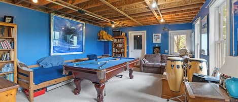 Télévision, cheminée, table de tennis de table, livres