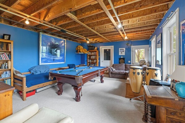 TV, fireplace, ping pong, books